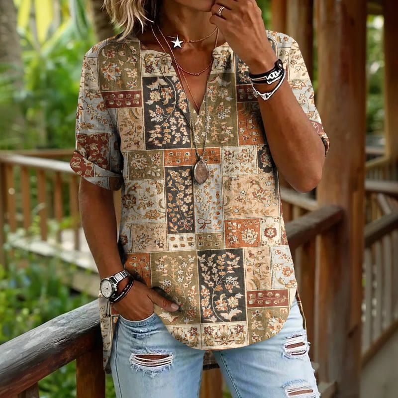 Boho Ethnic Floral Patchwork Pattern Print Short Sleeve Casual Blouse - Khaki - 5XL - image 1