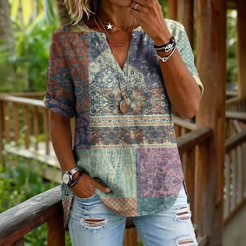 Boho Ethnic Paisley Patchwork Pattern Print Short Sleeve Casual Blouse - Yellow - 5XL - image 1