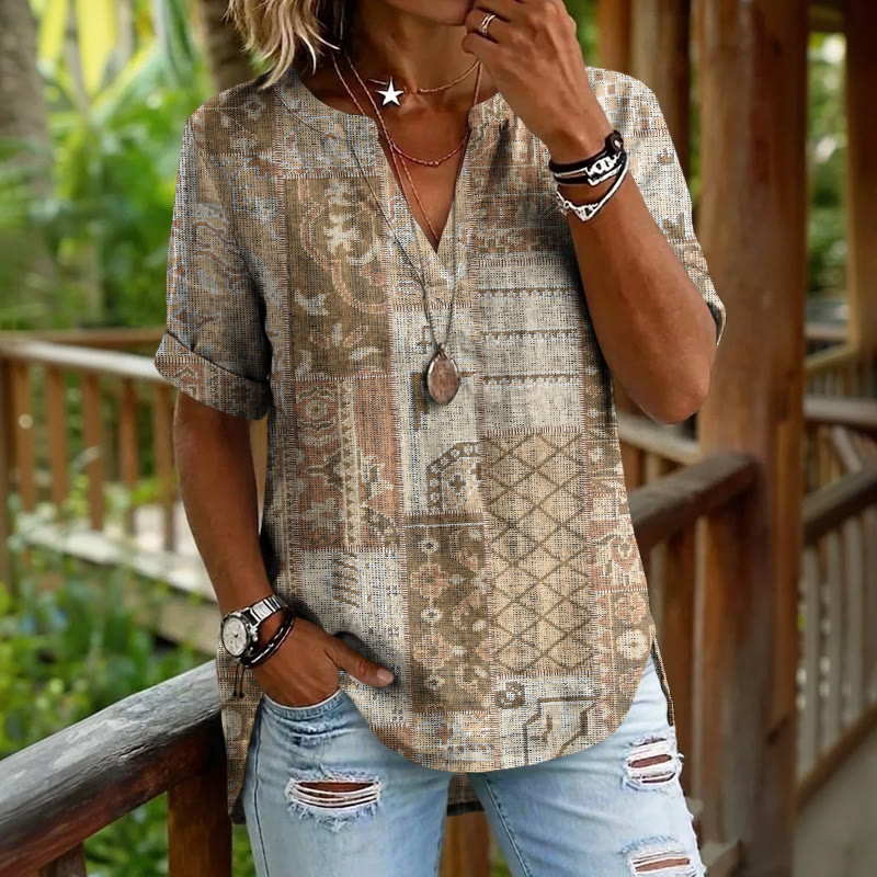 Boho Mysterious Ethnic Pattern Print Short Sleeve Casual Blouse - Apricot - 5XL - image 2