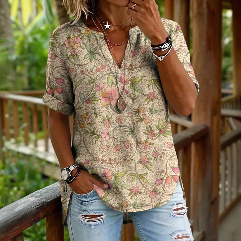 Boho Flowering Vines Pattern Print Short Sleeve Casual Blouse - Apricot - 5XL - image 1
