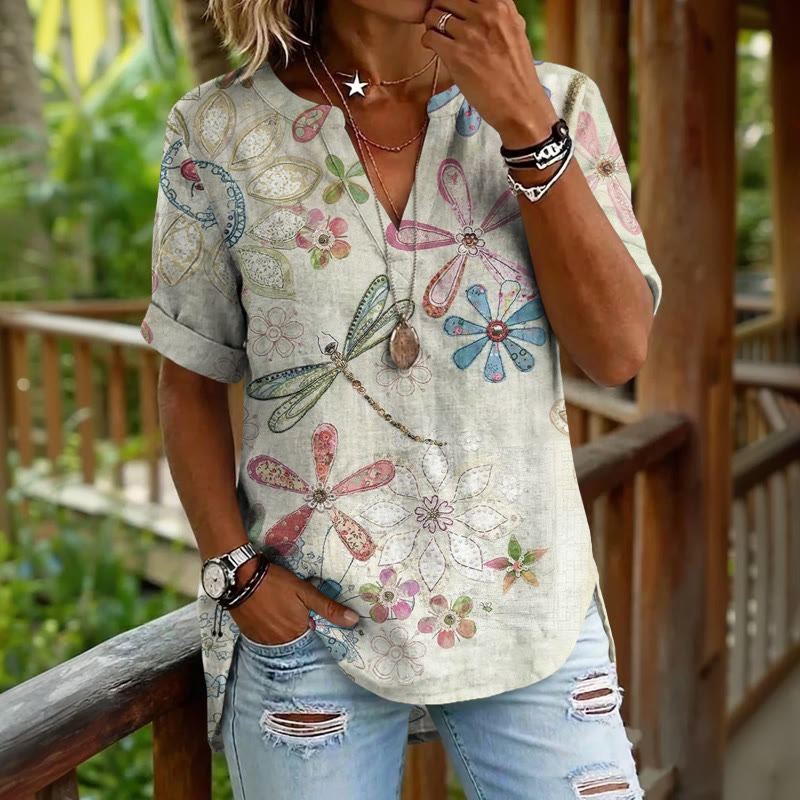 Boho Spiritual Dragonflies And Flowers Pattern Print Short Sleeve Casual Blouse - Apricot - 5XL - image 1