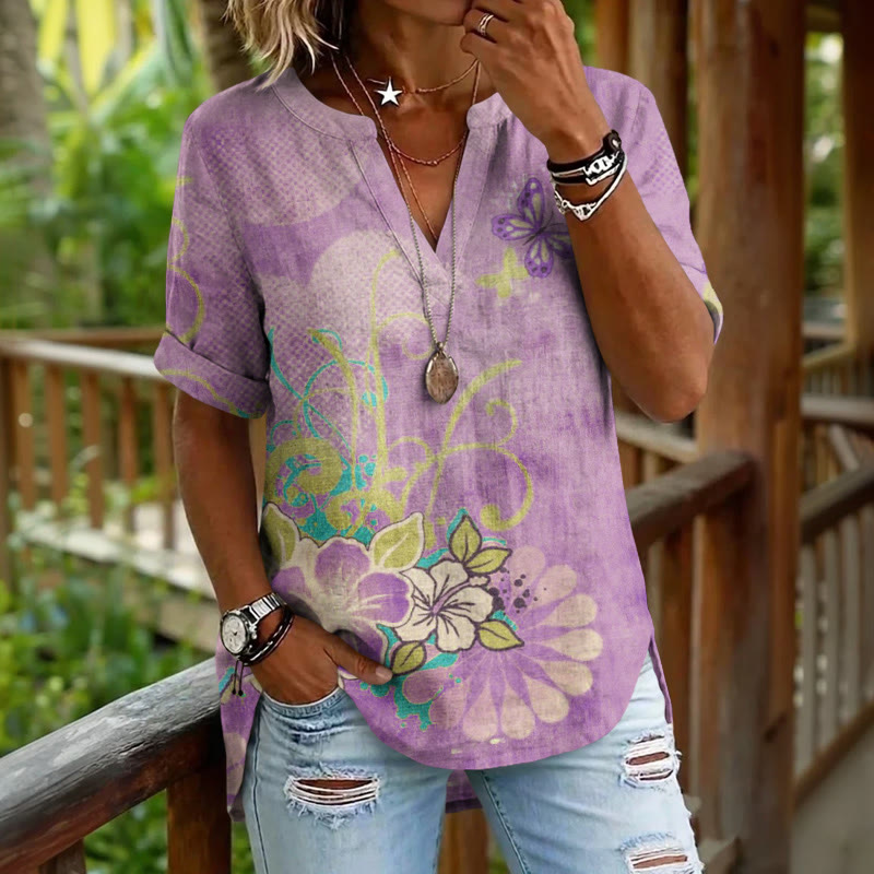 Boho Flowers And Butterflies Pattern Print Short Sleeve Casual Blouse - Purple - 5XL - image 2