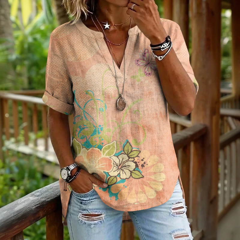 Boho Flowers And Butterflies Pattern Print Short Sleeve Casual Blouse - Orange - 5XL - image 1