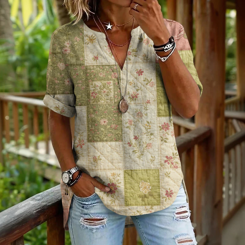 Boho Mini Floral Patchwork Pattern Print Short Sleeve Casual Blouse - Green - 5XL - image 1