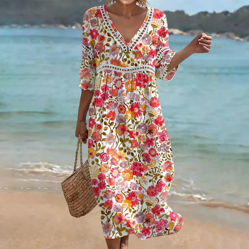 Elegant Vibrant Florals Pattern Print Openwork Lace V-neck Half Sleeve Maxi Dress - Red - US 16-18 (4XL) - image 1