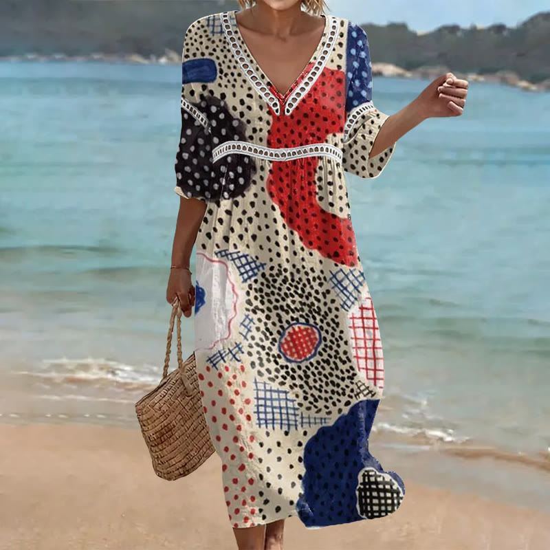 Vintage Polka Dot & Floral Graffiti Pattern Print Openwork Lace V-neck Half Sleeve Maxi Dress - Apricot - US 16-18 (4XL) - image 1