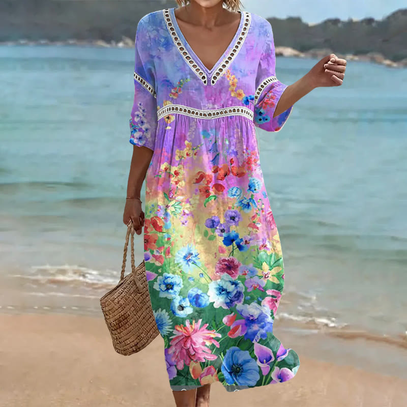 Vintage Oil Painting Garden Pattern Print Openwork Lace V-neck Half Sleeve Maxi Dress - Purple - US 16-18 (4XL) - image 1