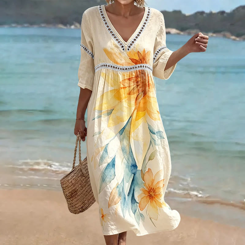 Vintage Large Watercolor Flowers Pattern Print Openwork Lace V-neck Half Sleeve Maxi Dress - Apricot - US 16-18 (4XL) - image 1