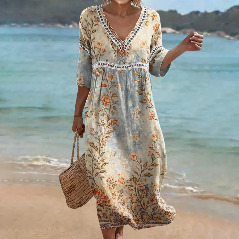 Vintage Old Vine Flowers Pattern Print Openwork Lace V-neck Half Sleeve Maxi Dress - Apricot - US 16-18 (4XL) - image 1