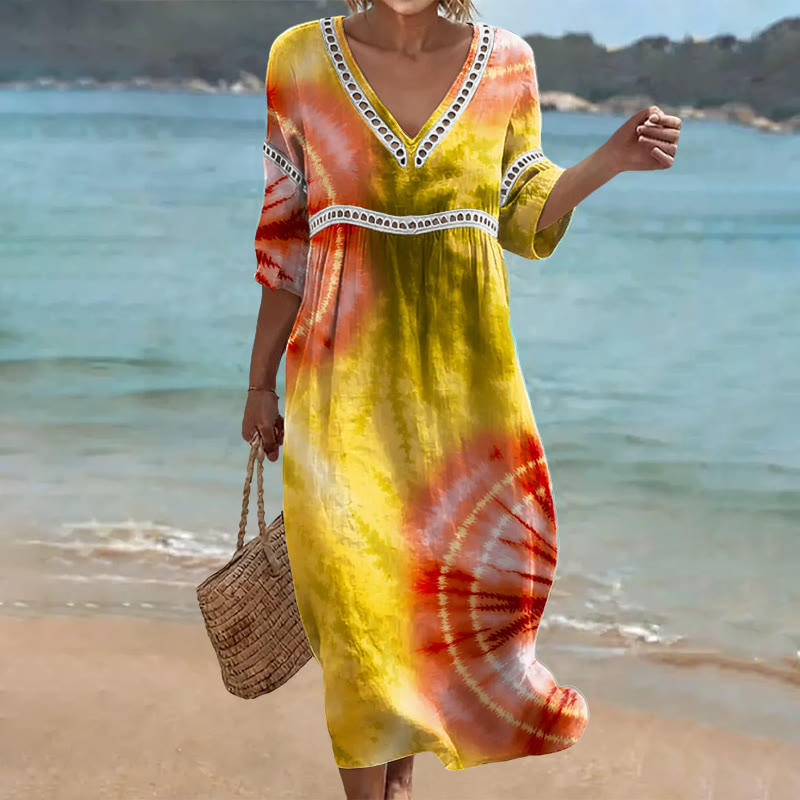 Vintage Colorful Gradient Tie-dye Circle Pattern Print Openwork Lace V-neck Half Sleeve Maxi Dress - Yellow - US 16-18 (4XL) - image 1