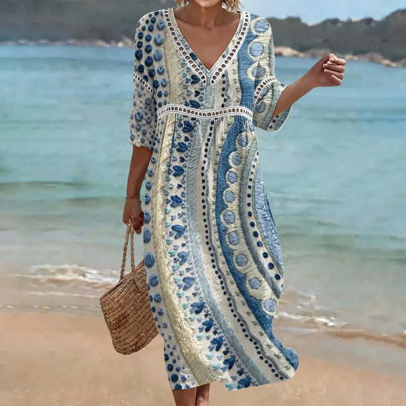 Vintage Heart Stripes Pattern Print Openwork Lace V-neck Half Sleeve Maxi Dress - Blue - US 16-18 (4XL) - image 1