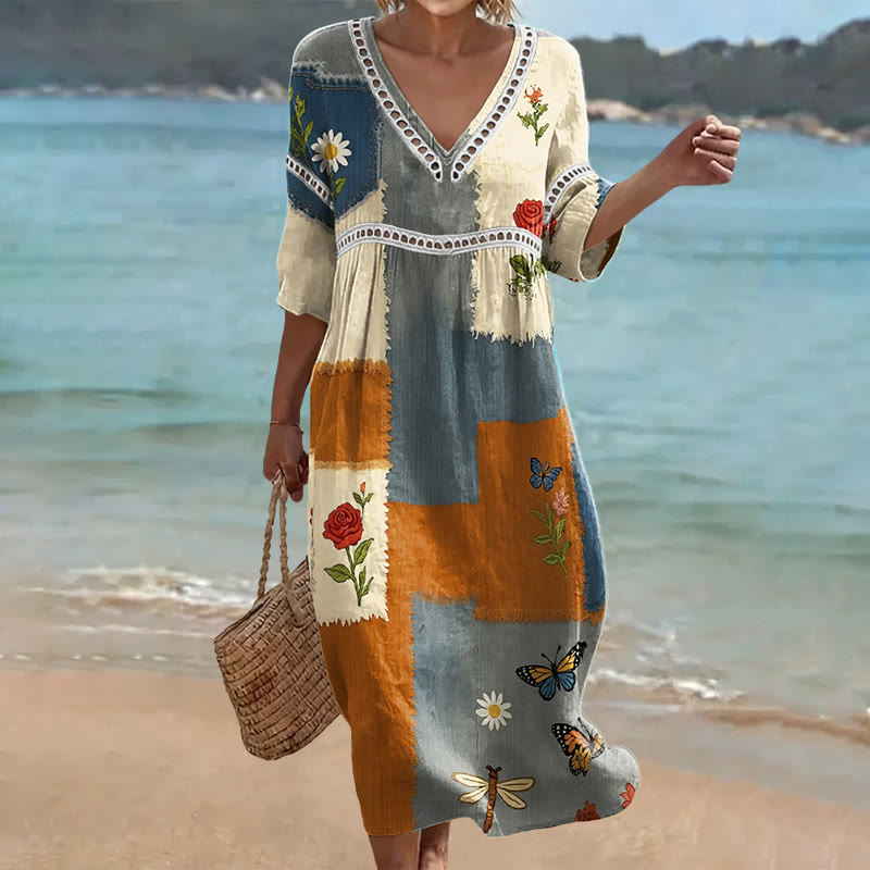 Vintage Floral And Butterfly Color Blocks Pattern Print Openwork Lace V-neck Half Sleeve Maxi Dress - Blue - US 16-18 (4XL) - image 1
