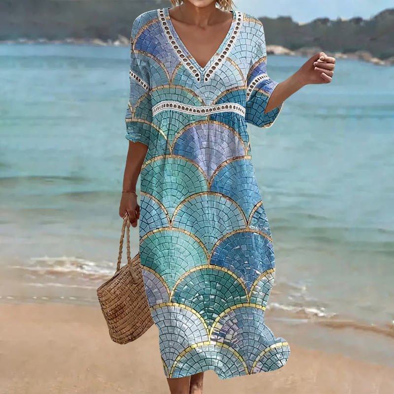 Vintage Mosaic Sea Waves Pattern Print Openwork Lace V-neck Half Sleeve Maxi Dress - Blue - US 16-18 (4XL) - image 1