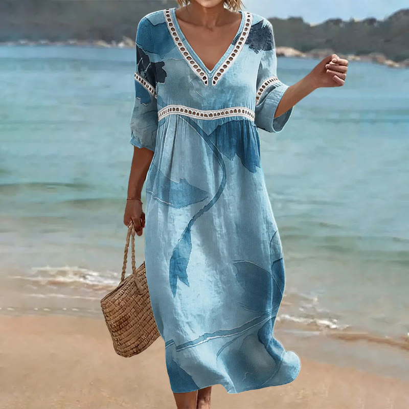 Vintage Watercolor Large Floral Silhouettes Pattern Print Openwork Lace V-neck Half Sleeve Maxi Dress - Blue - US 16-18 (4XL) - image 1