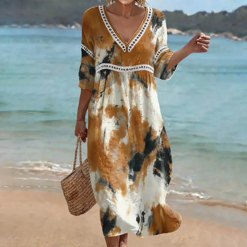 Vintage Gradient Tie-dye Tabby Pattern Print Openwork Lace V-neck Half Sleeve Maxi Dress - Apricot - US 16-18 (4XL) - image 1