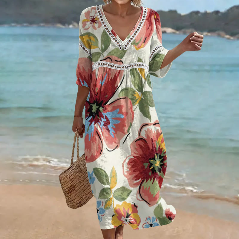 Vintage Large Flower Pattern Print Openwork Lace V-neck Half Sleeve Maxi Dress - Apricot - US 16-18 (4XL) - image 1