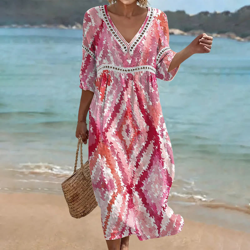 Boho Geometric Watercolor Rhombus Pattern Print Openwork Lace V-neck Half Sleeve Maxi Dress - Pink - US 16-18 (4XL) - image 1