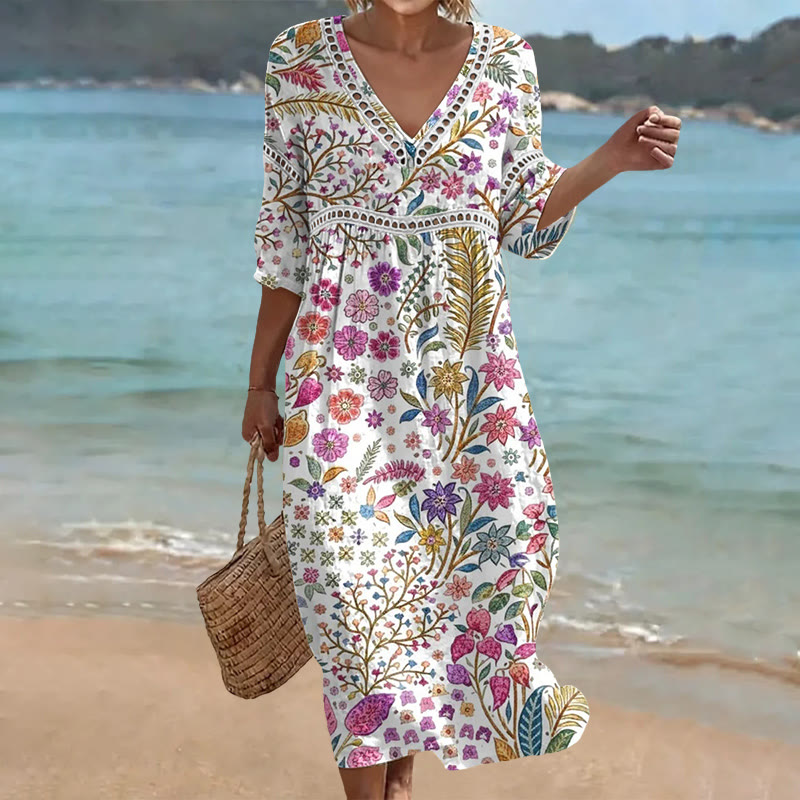 Elegant Flowering Plants Pattern Print Openwork Lace V-neck Half Sleeve Maxi Dress - White - US 16-18 (4XL) - image 1