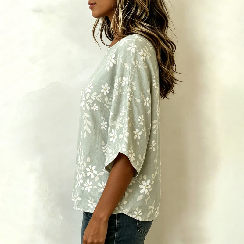  Vintage Elegant Vining Flowers Pattern Print Half Sleeve Casual Blouse - image 2