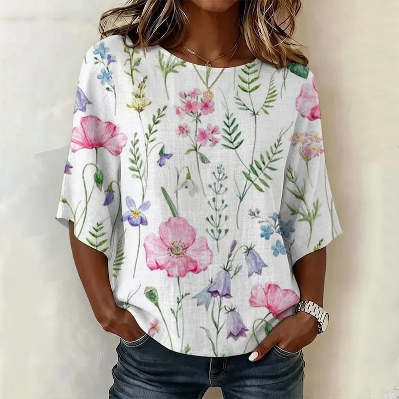  Vintage Watercolor Garden Plants Art Pattern Print Half Sleeve Casual Blouse - White - US 28-30 (4XL) - image 1