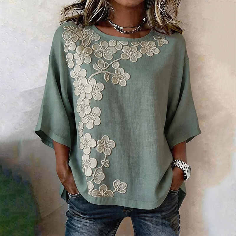  Vintage Plum Bossom Art Pattern Print Half Sleeve Casual Blouse - Light Green - US 28-30 (4XL) - image 1