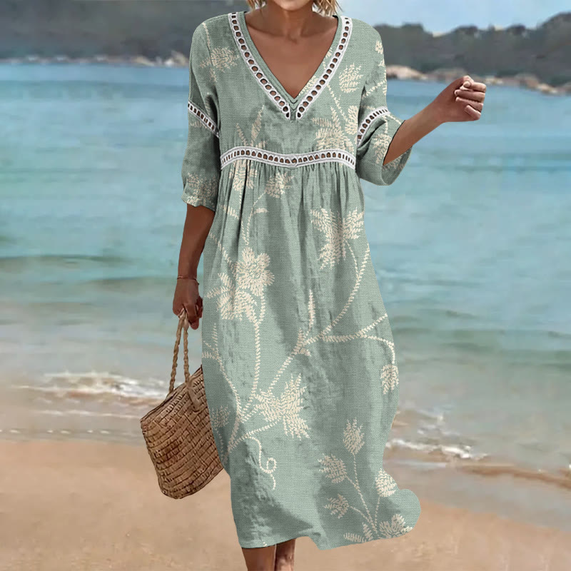 Boho Floral Print Openwork Lace V-neck Half Sleeve Maxi Dress - Green - US 16-18 (4XL) - image 1