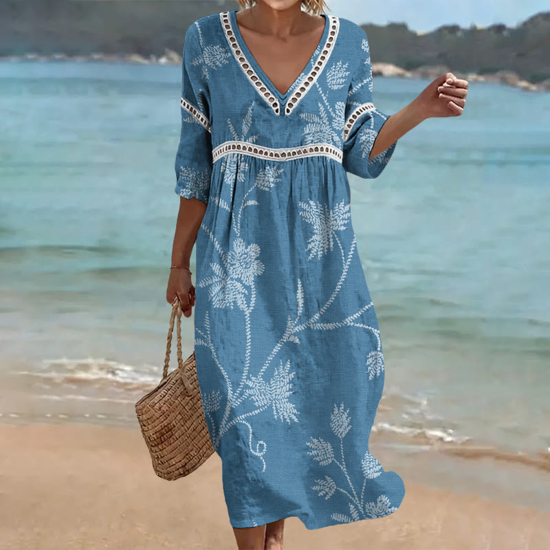 Boho Floral Print Openwork Lace V-neck Half Sleeve Maxi Dress - Blue - US 16-18 (4XL) - image 2