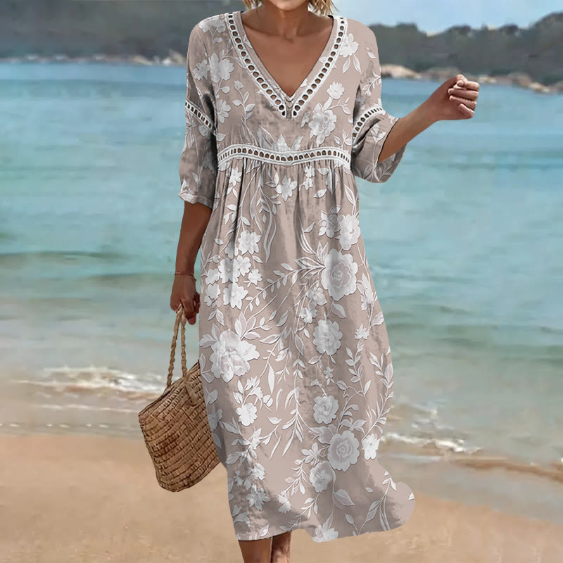 Elegant Floral Print Openwork Lace V-neck Half Sleeve Maxi Dress - Khaki - US 16-18 (4XL) - image 1