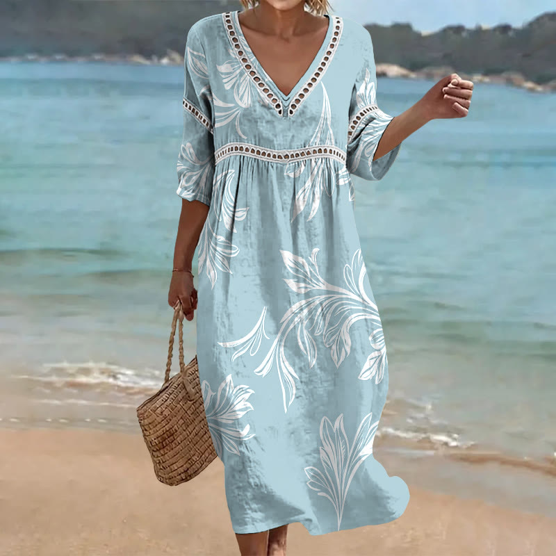 Vintage Flower Print Openwork Lace V-neck Half Sleeve Maxi Dress - Blue - US 16-18 (4XL) - image 1