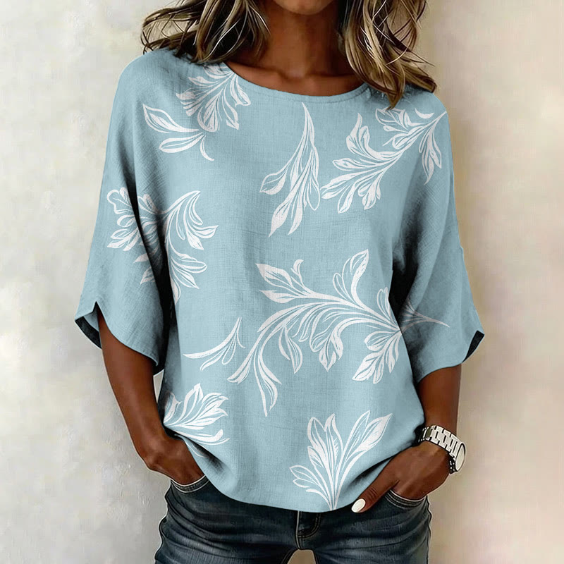Vintage Flower Print Half Sleeve Casual Blouse - Blue - 4XL - image 1