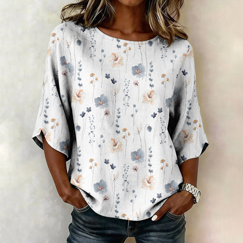 Elegant Watercolor Flowers And Plants Pattern Print Half Sleeve Casual Blouse - White - US 28-30 (4XL) - image 1