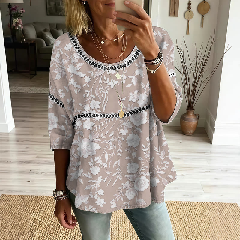 Elegant Floral Print Openwork Lace Splicing Round Neck Half Sleeve Blouse - Khaki - 4XL - image 1