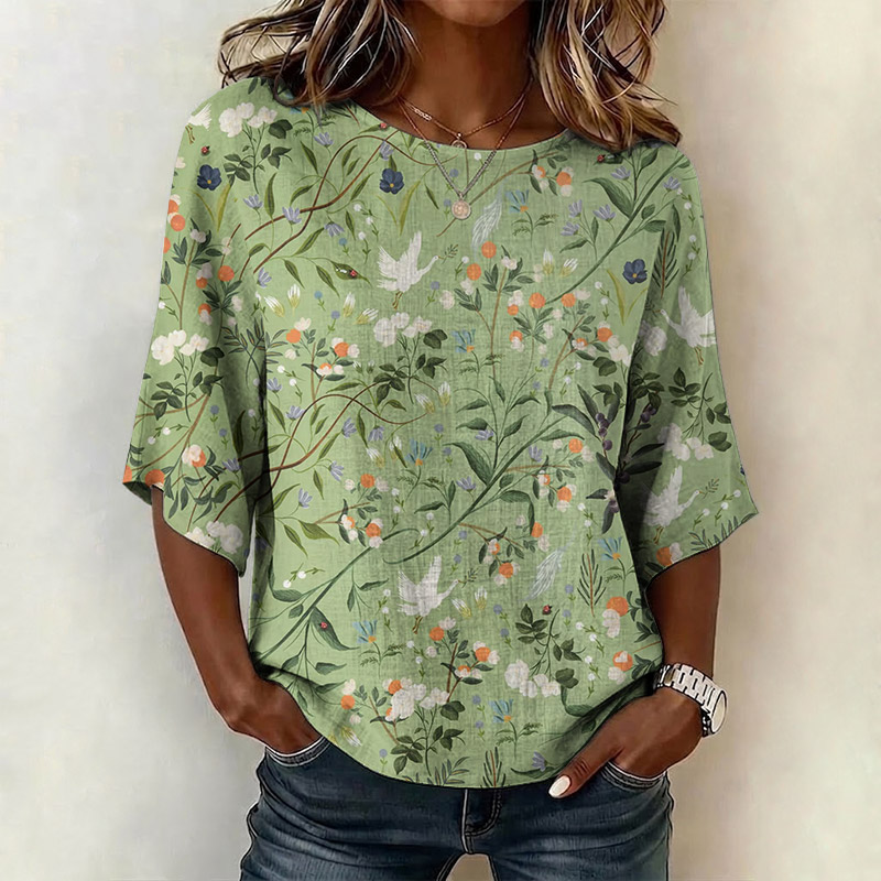 Elegant Plants And Birds Pattern Print Half Sleeve Casual Blouse - Green - US 28-30 (4XL) - image 1