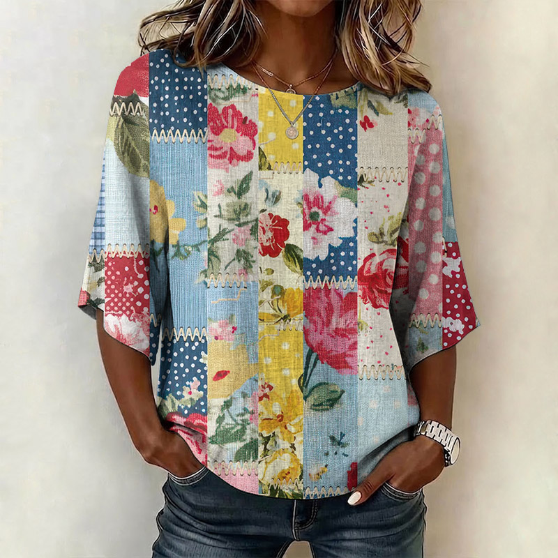 Vintage Floral Wooden Board Patchwork Pattern Print Half Sleeve Casual Blouse - Blue - US 28-30 (4XL) - image 1