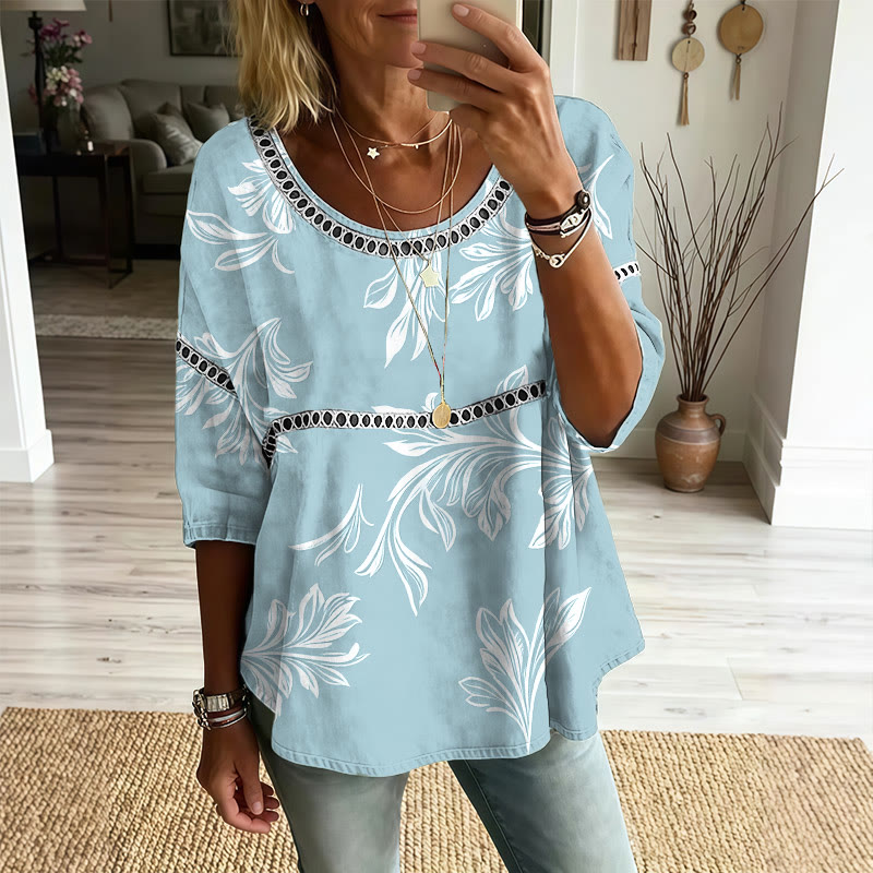 Vintage Flower Print Openwork Lace Splicing Round Neck Half Sleeve Blouse - Blue - 4XL - image 1
