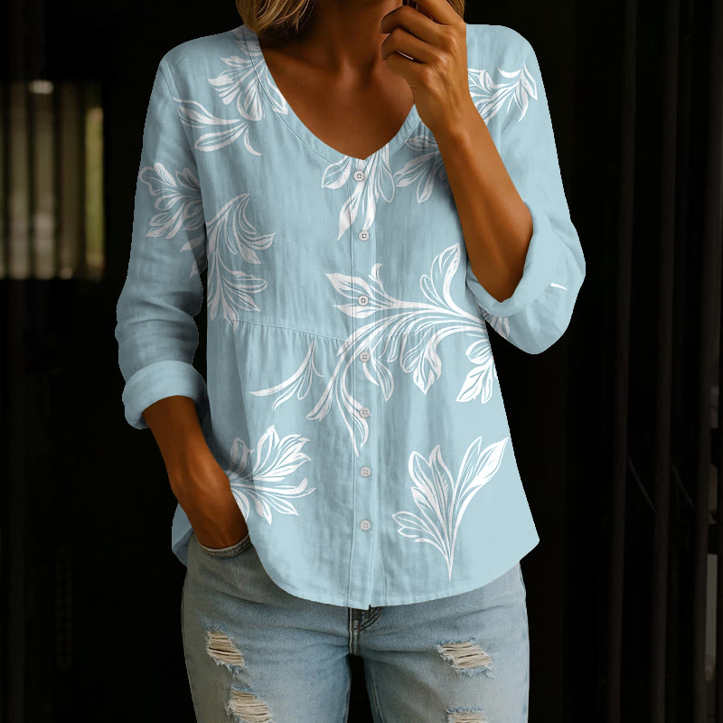 Vintage Flower Print Button V-neck A-line Long Sleeve Blouse - Sky Blue - 4XL - image 1
