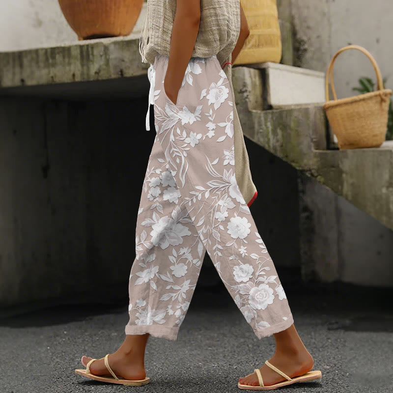 Elegant Floral Print Casual Pocket Pants  - Khaki - 5XL - image 1