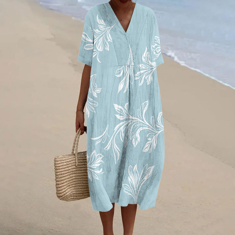 Vintage Flower Print Short-sleeved Midi Dress - Light Blue - 6XL - image 1