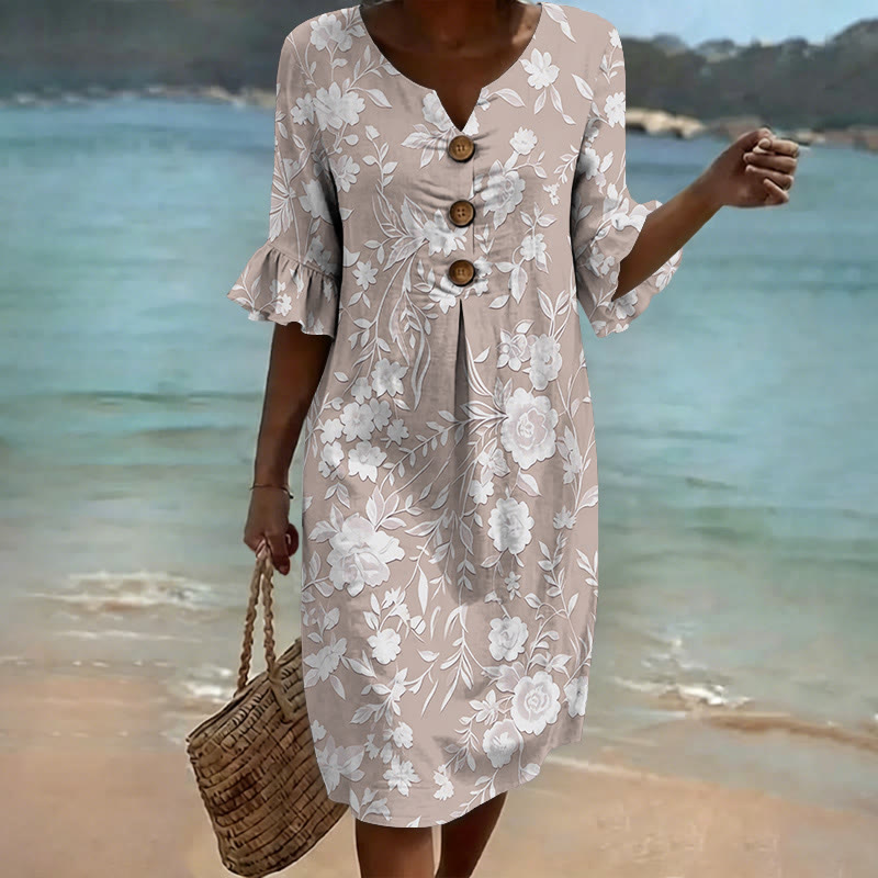 Elegant Floral Notched Collar Button Ruffled Half Midi Dress - Khaki - US 22 (4XL) - image 1
