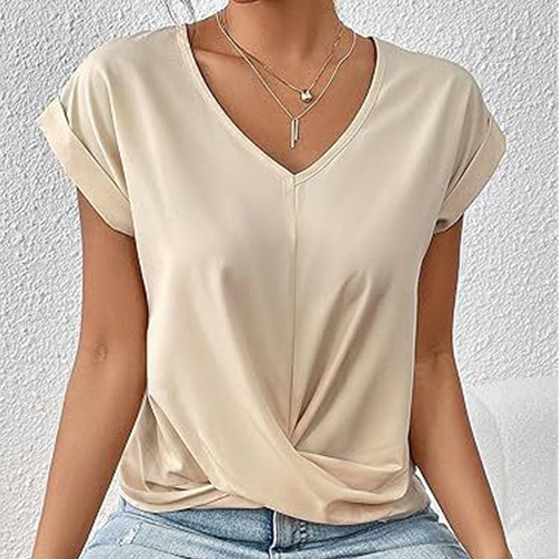 Elegant Solid Overlapping Structure V-neck Flutter-sleeve T-shirt - Apricot - 3XL - image 8