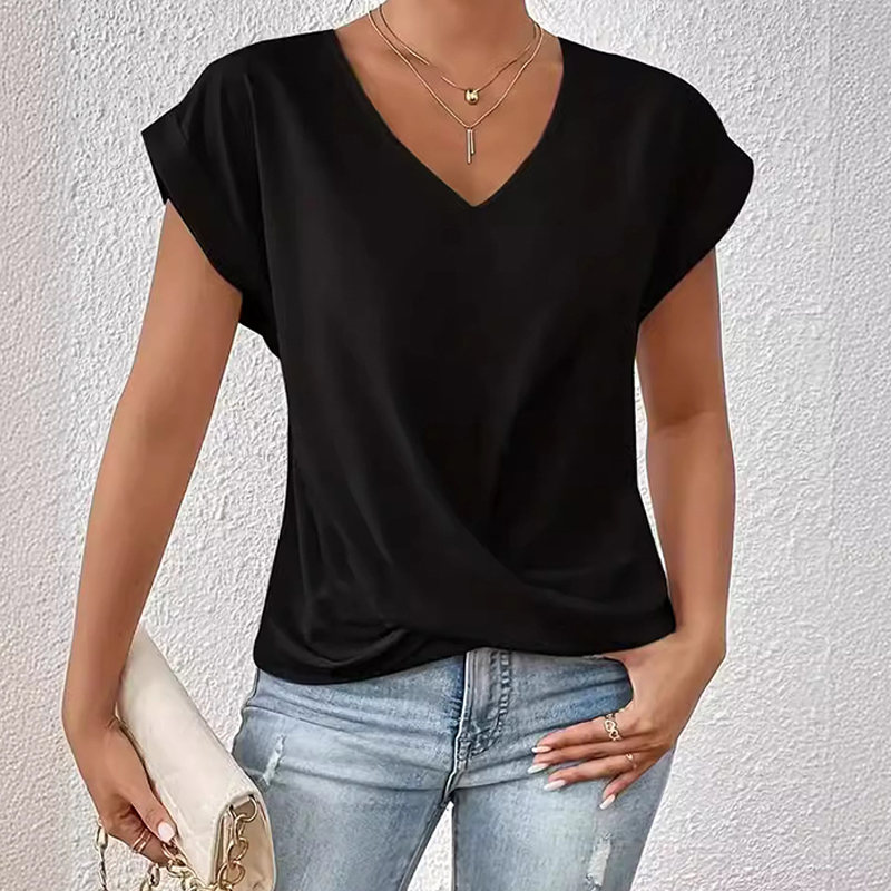 Elegant Solid Overlapping Structure V-neck Flutter-sleeve T-shirt - Black - 3XL - image 2