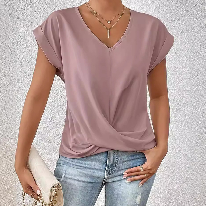 Elegant Solid Overlapping Structure V-neck Flutter-sleeve T-shirt - Pink - 3XL - image 3