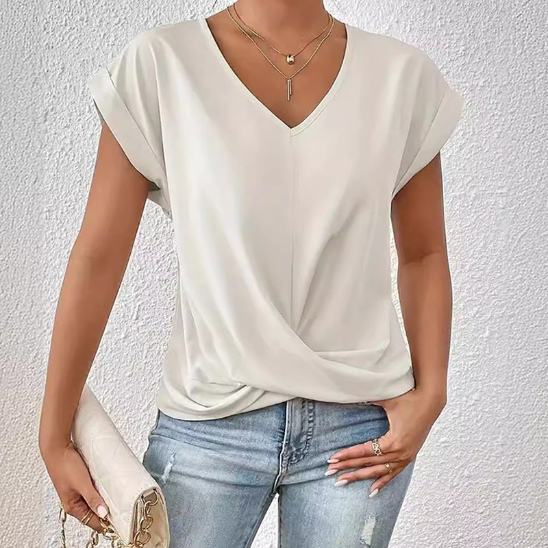 Elegant Solid Overlapping Structure V-neck Flutter-sleeve T-shirt - White - 3XL - image 1