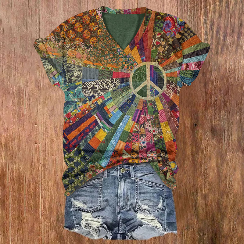 Rainbow Hippie Patchwork Sun Print Short Sleeved V-neck T-shirt - Green - US32-34(5XL) - image 1