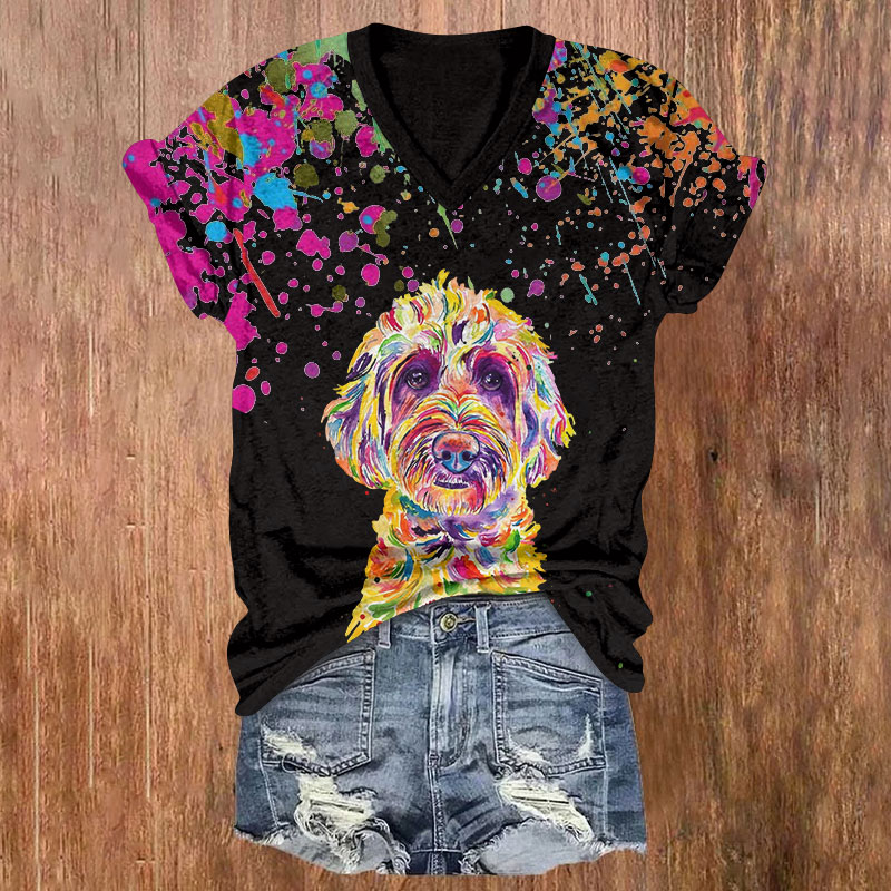Rainbow Puppy Art Print Short Sleeved V-Neck T-Shirt - Black - US32-34(5XL) - image 1