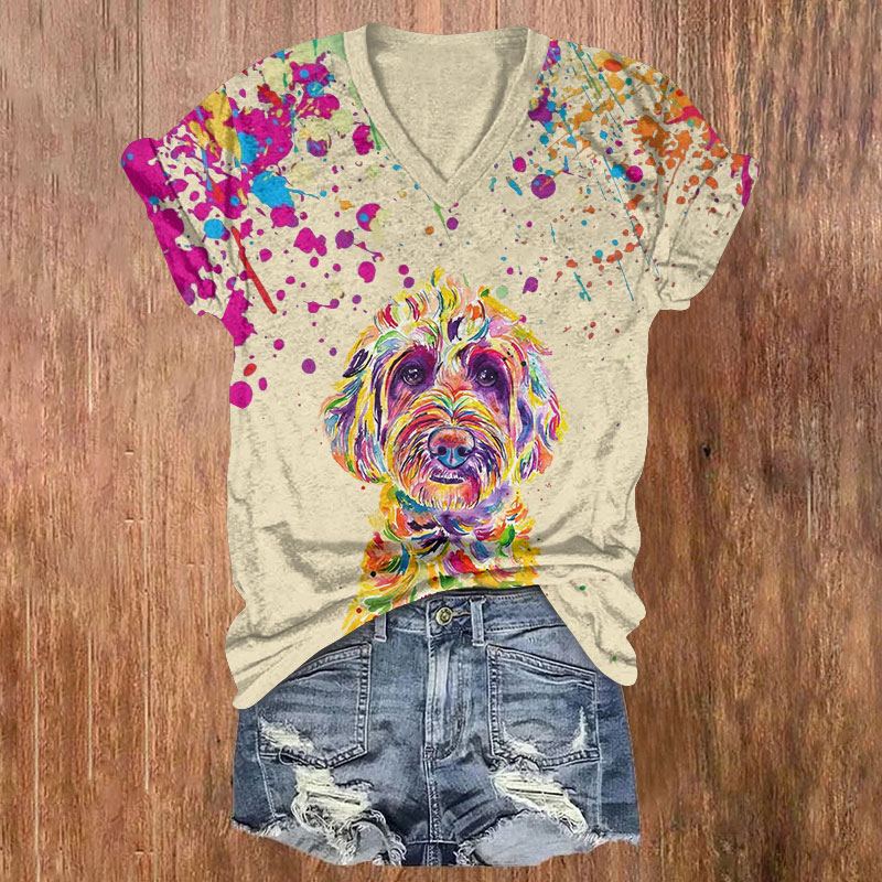 Rainbow Puppy Art Print Short Sleeved V-Neck T-Shirt - Apricot - US32-34(5XL) - image 2