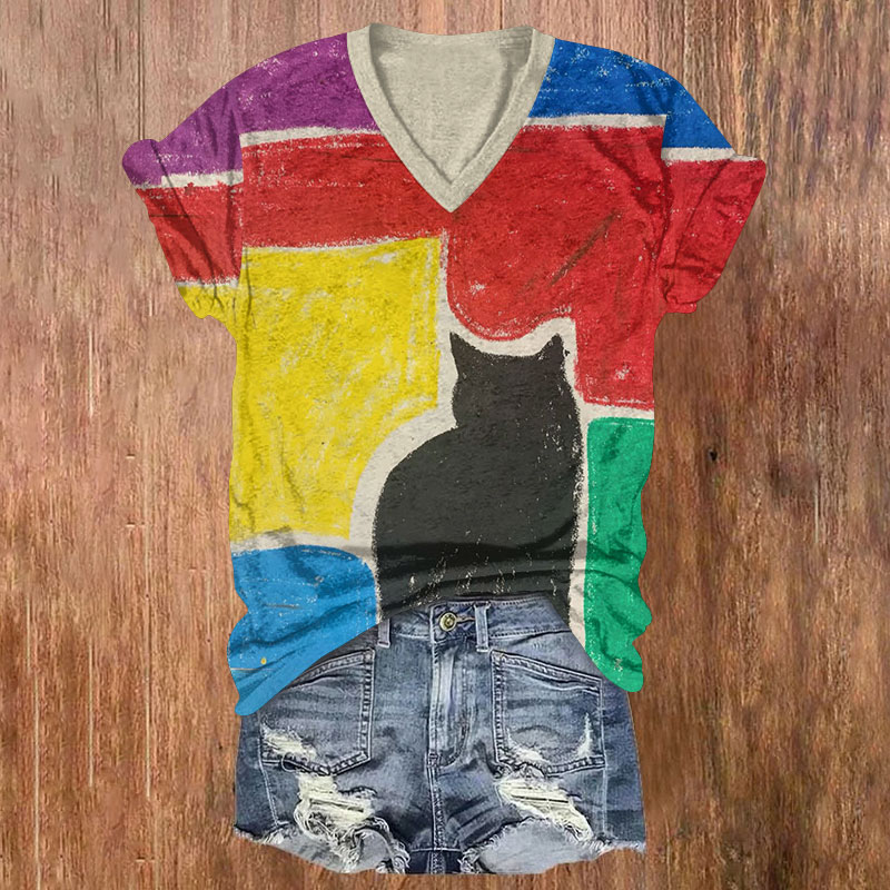 Rainbow-Blocked Black Cat Art Print Short Sleeved V-Neck T-Shirt - Apricot - US32-34(5XL) - image 1
