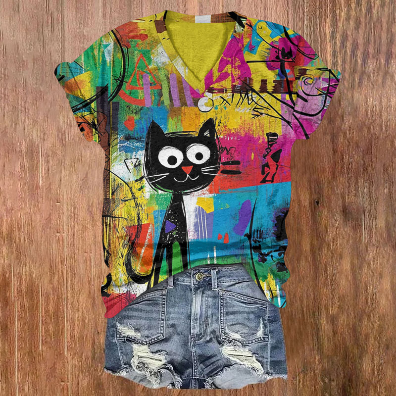 Rainbow Graffiti Black Cat Art Print Short Sleeved V-Neck T-Shirt - Yellow - US32-34(5XL) - image 1