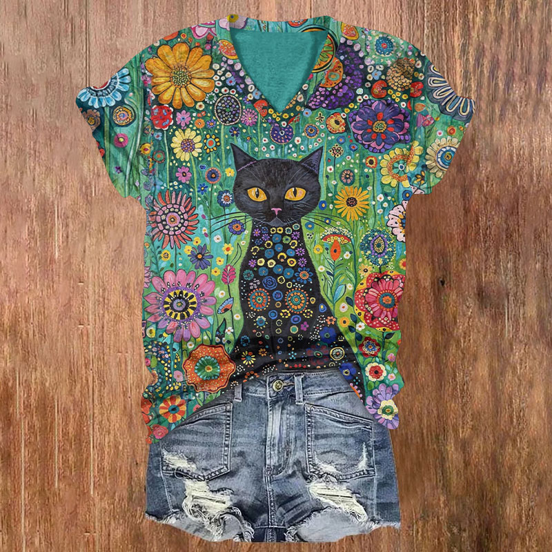 Rainbow Garden Black Cat Art Print Short Sleeved V-Neck T-Shirt - Green - US32-34(5XL) - image 1