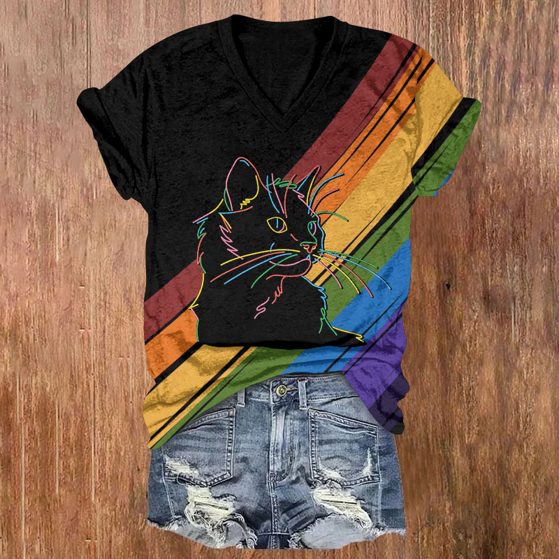 Rainbow Black Cat Paintbrush Art Print Short Sleeved V-Neck T-Shirt - Black - US32-34(5XL) - image 1